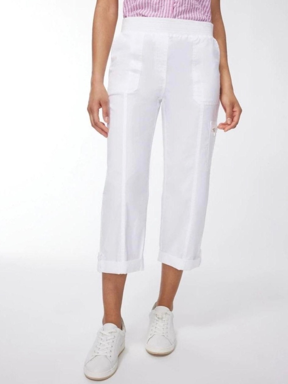 Chicos 1.5 M 10 White Alabaster Cotton Stretch Pant Poplin Cropped Roll-Tab - Picture 6 of 11